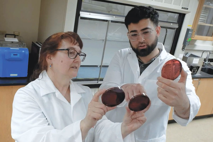 Professor and student examine petri dish