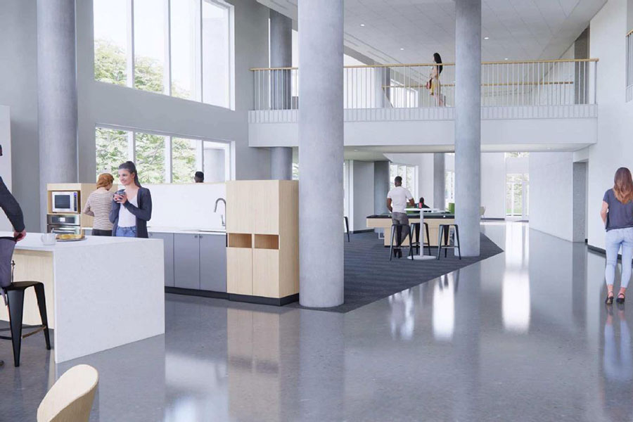 Architectural rendering of the lobby commons in the new sophomore apartments opening fall 2024