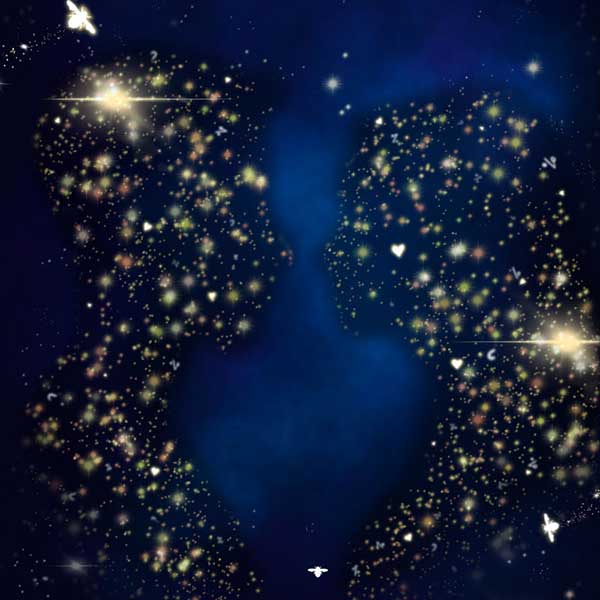 Two silhouettes in profile filled with a starfield