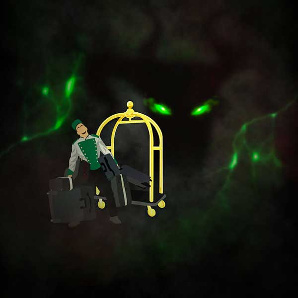 A cartoon bellboy with luggage cart with an ominous mystical being with glowing green eyes behind him.