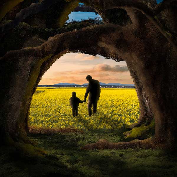 Big Fish promotional art of an adult and child figure silhouetted against a field