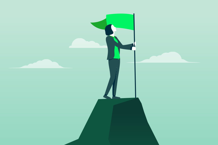 Illustration of woman atop a mountain peak with a flag