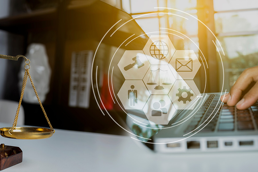 montage of law graphics and laptop and books