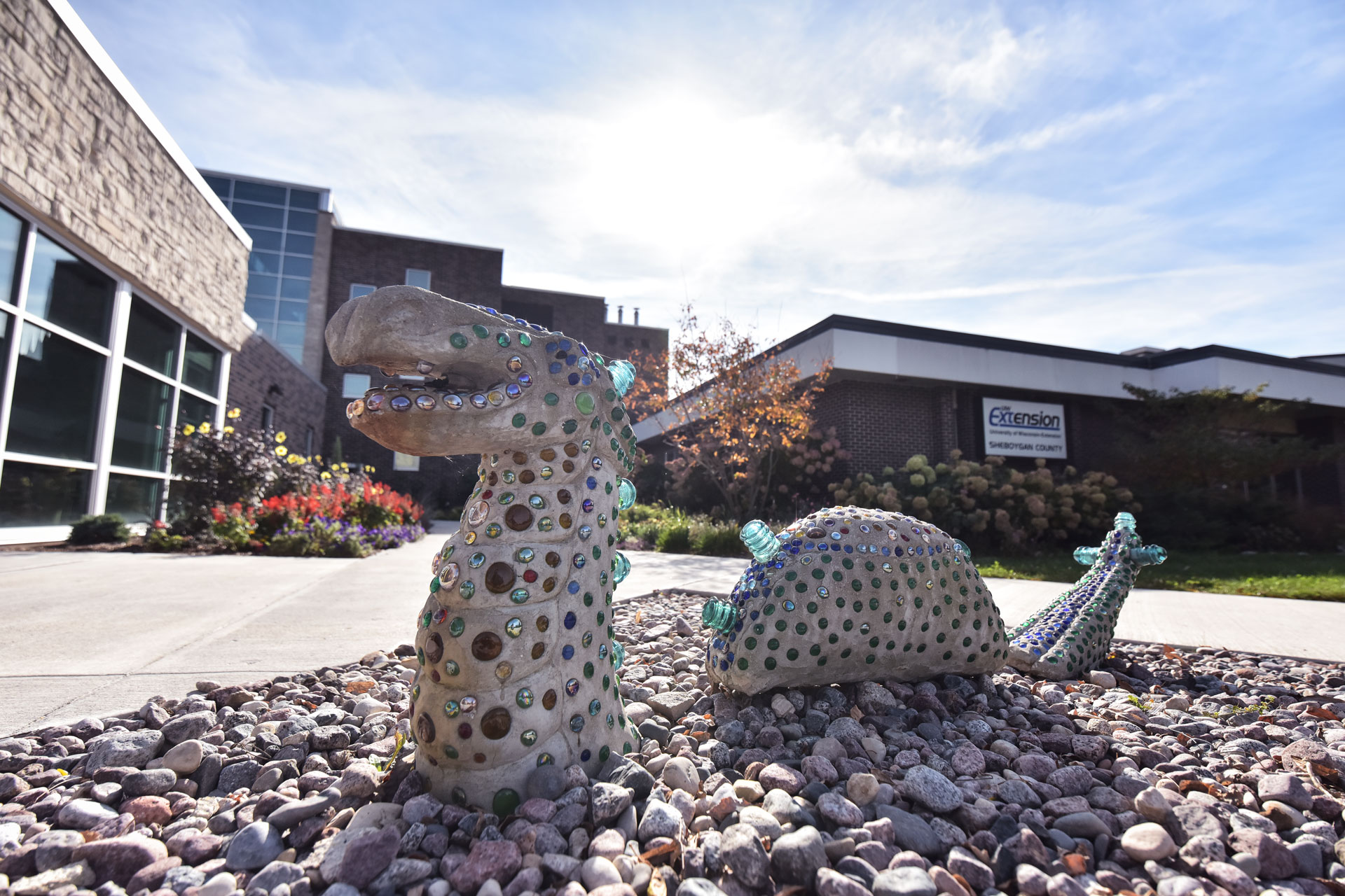 Sea monster sculpture on the UWGB, Sheboygan Campus