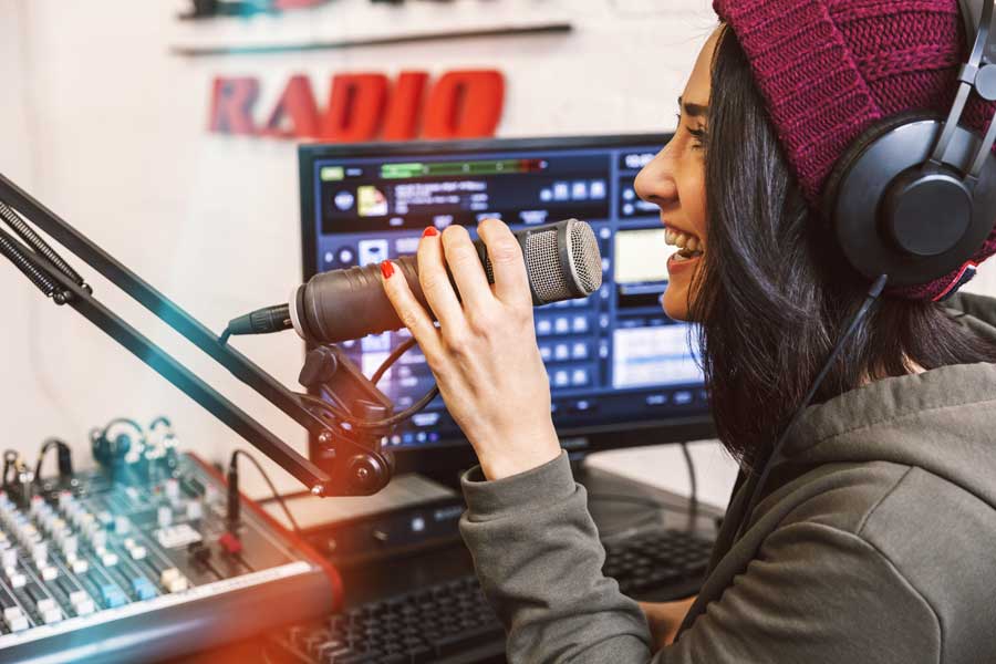 Student speaks into microphone