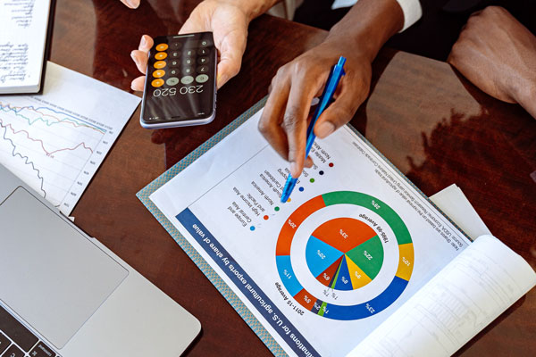 Coworkers look over data charts