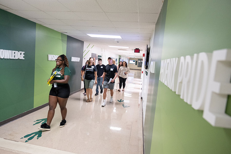 Visitors taking a tour of campus