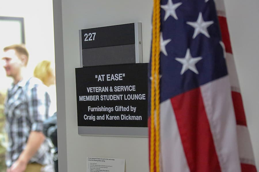 American Flag in front of Veteran and Service Member Student Lounge