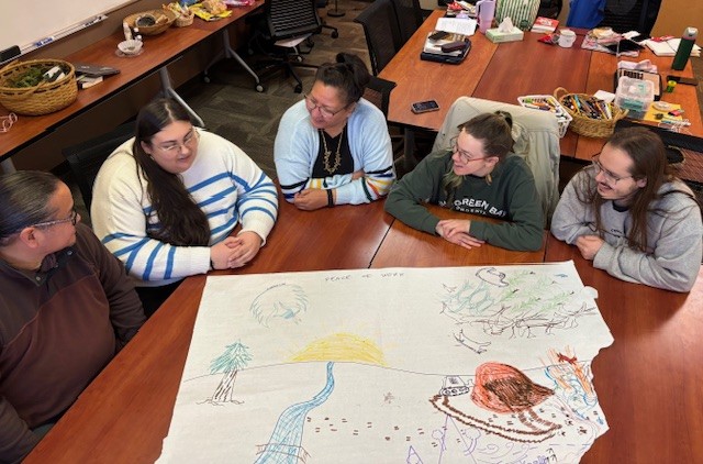 Indigenous students in a classroom discussing hand drawn poster.