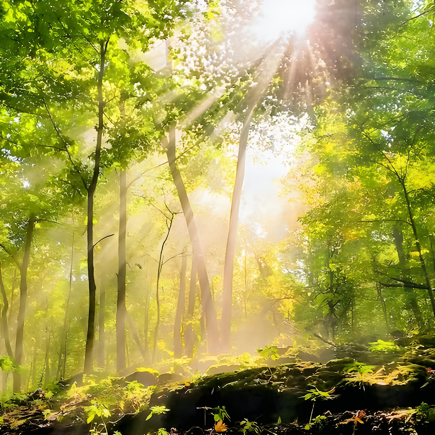 Sunlight filtering through a forest canopy
