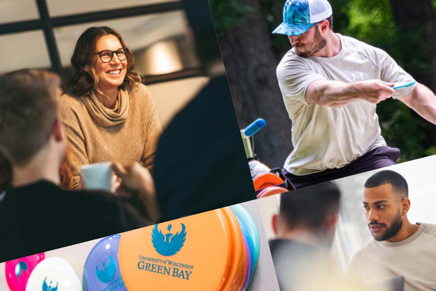 grid of four images showing people in offices and playing disc golf