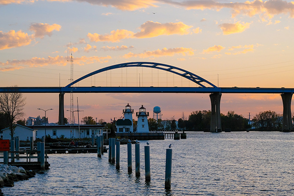 Bridge over Fox River at sunset