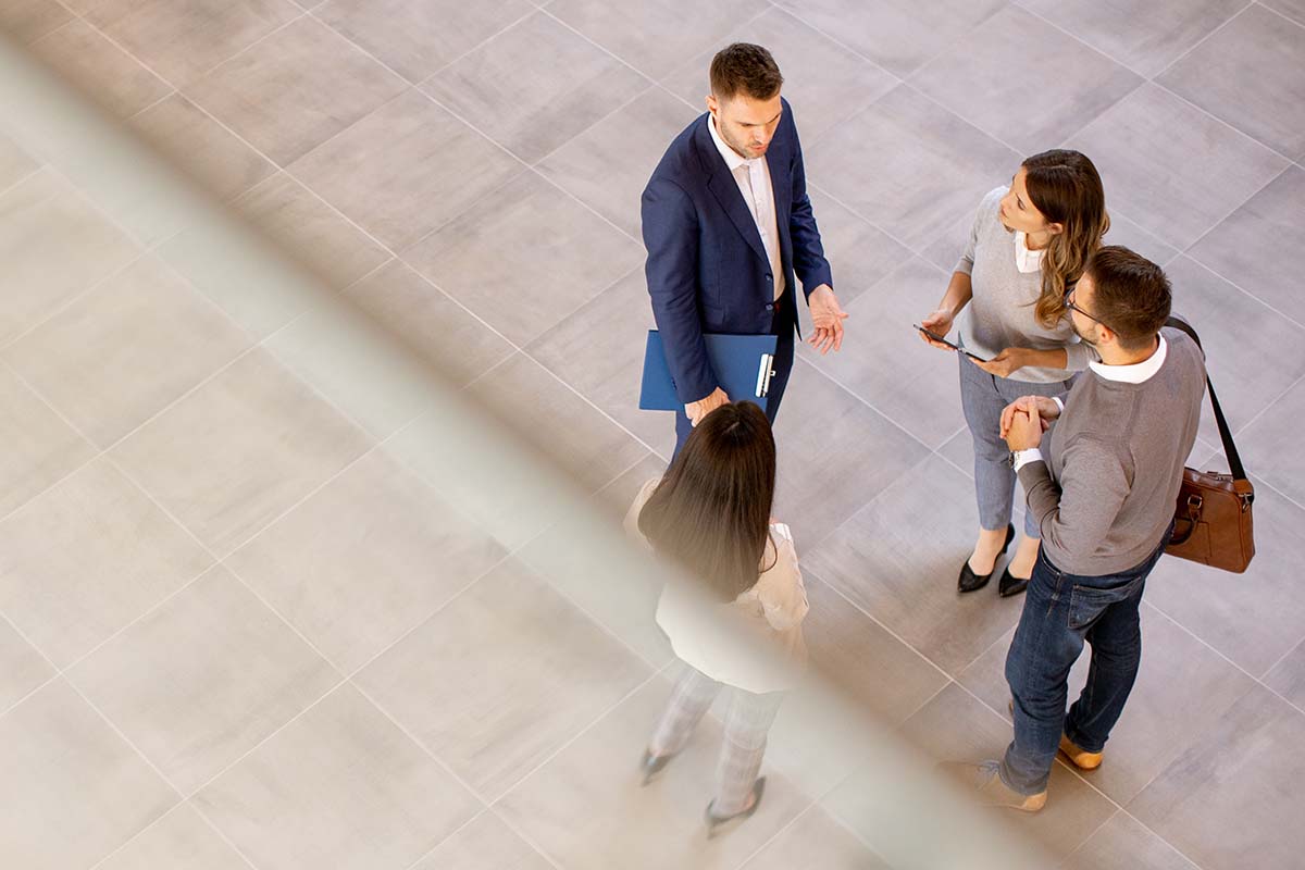 aerial view business team discussing project