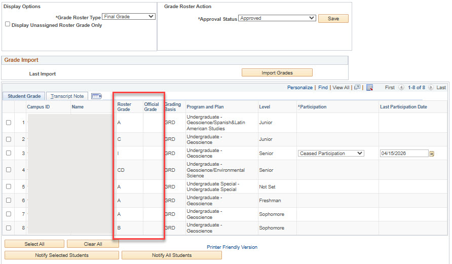 The Roster Grade column showing static grades without a drop-down; the Official Grade column is empty.