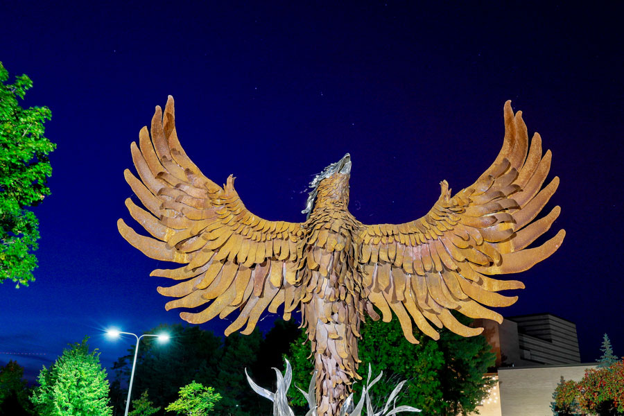 Phoenix sculpture at night