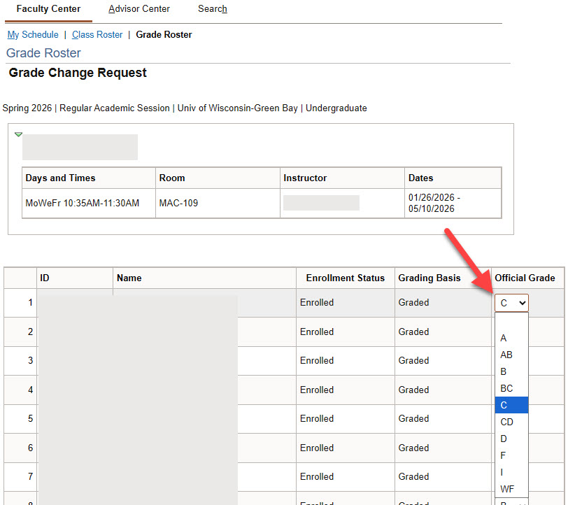The grade drop-down showing the list of grades available to be assigned to a given student.