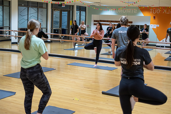 Group exercise studio tree pose