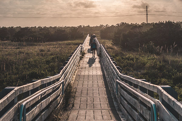 symmetrical wooden bridge leading into the distance