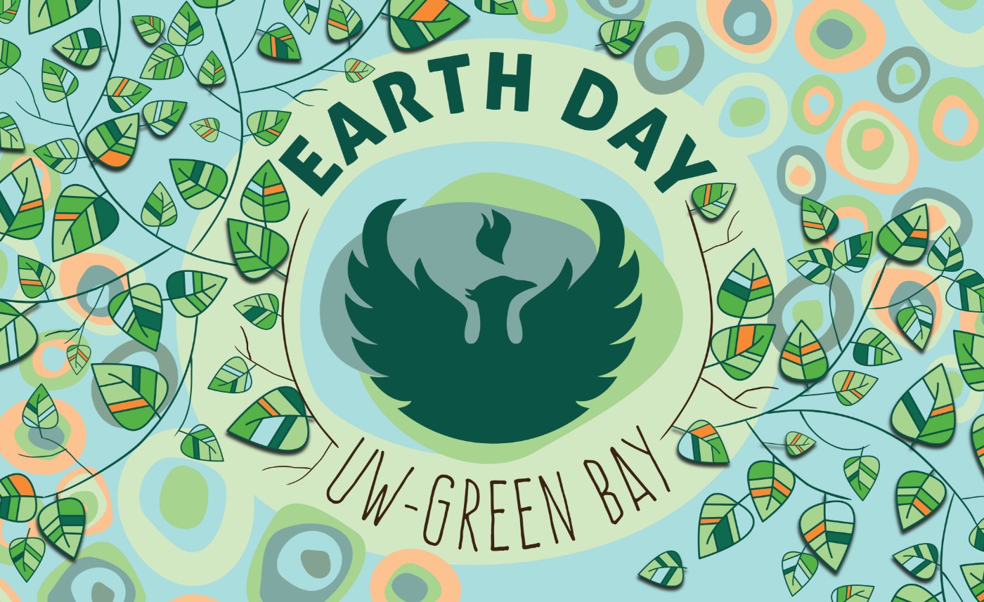 Illustration of the UW–Green Bay phoenix surrounded by leafy branches for an Earth Day theme.