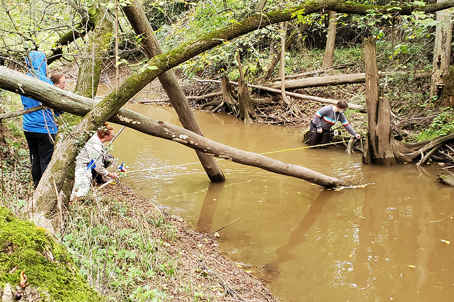 Students working in creek