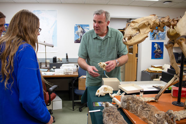 Professor Daniel Meinhardt explaining dinosaur artifacts to visitors