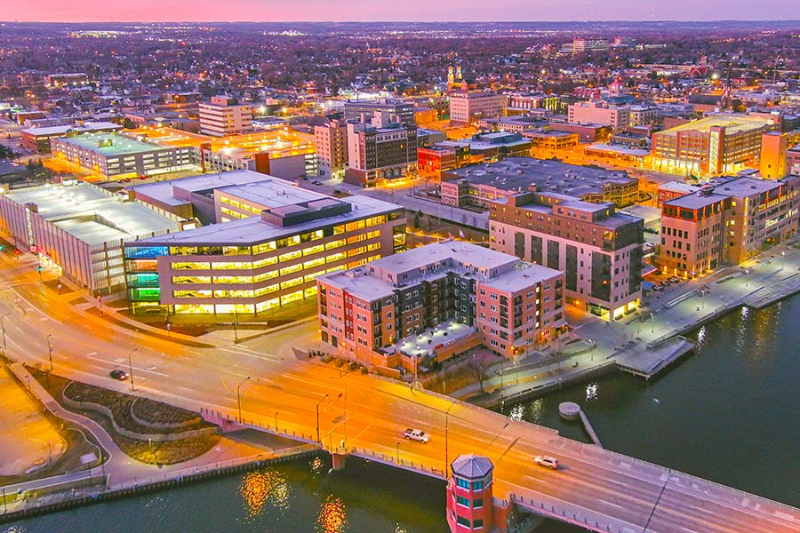 downtown Green Bay city lights at twilight