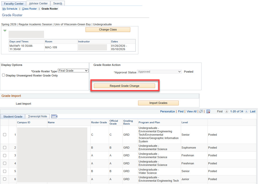The Request Grade Change button on a posted grade roster.