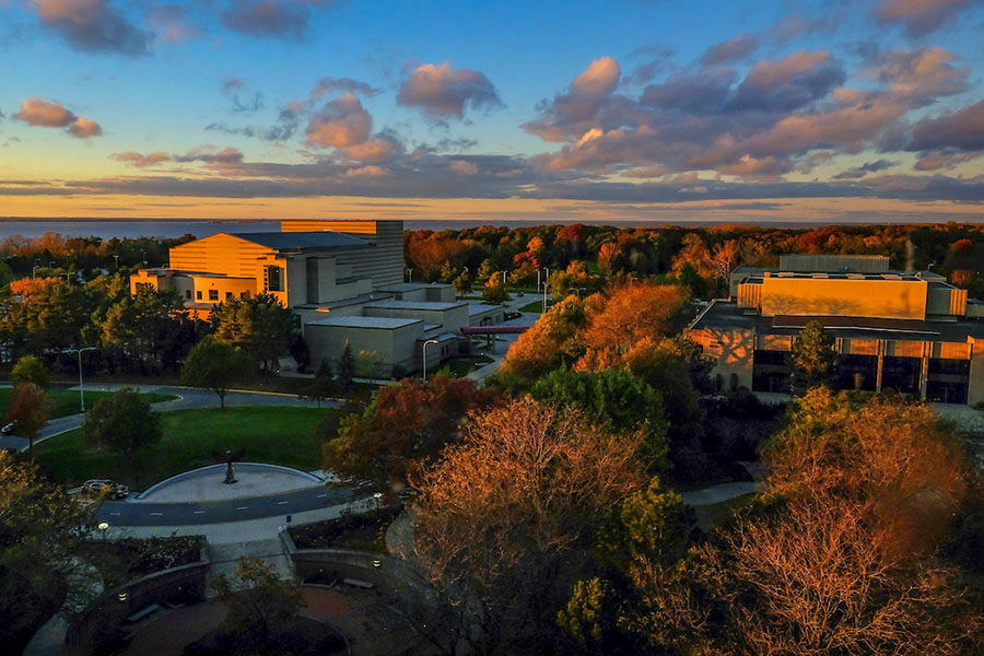 Drone view of campus at sunset