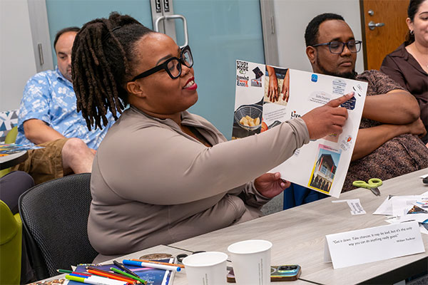 Doctoral student cohort during the vision board activity at UW-Green Bay's 1965 Room, Unversity Union.