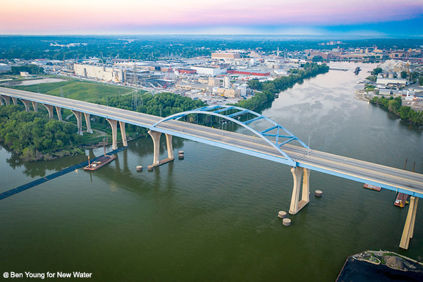 Bridge and sunrise over Green Bay