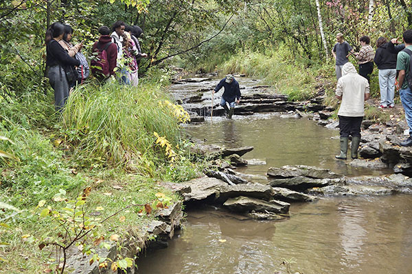 Students working in creek