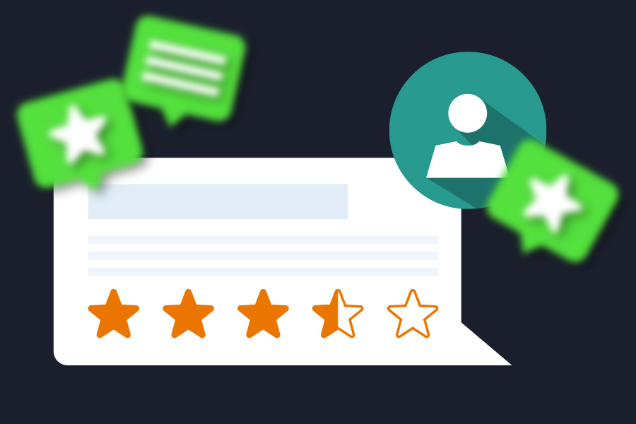 illustration of chat bubble with rating and icons of a person and star ratings