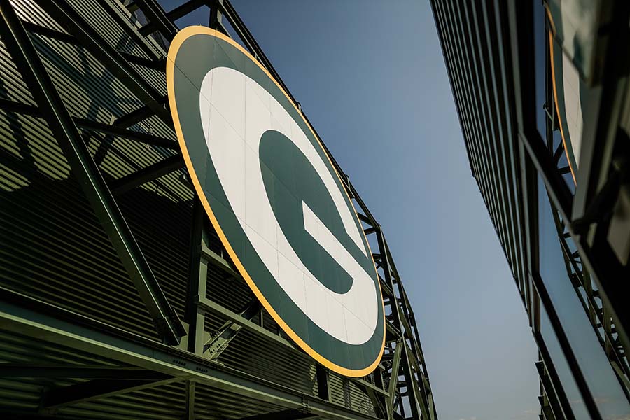 close up of large Packers G on the outside of Lambeau Field