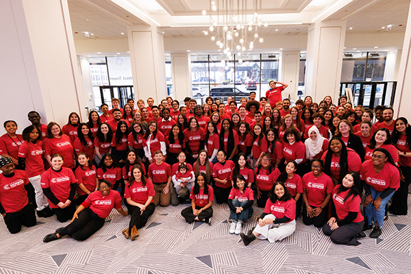 Large group of students in red Campus Contact tshirts