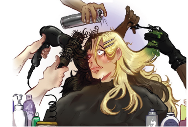 Art with a person with various hair colors and textures getting styled by multiple hands.