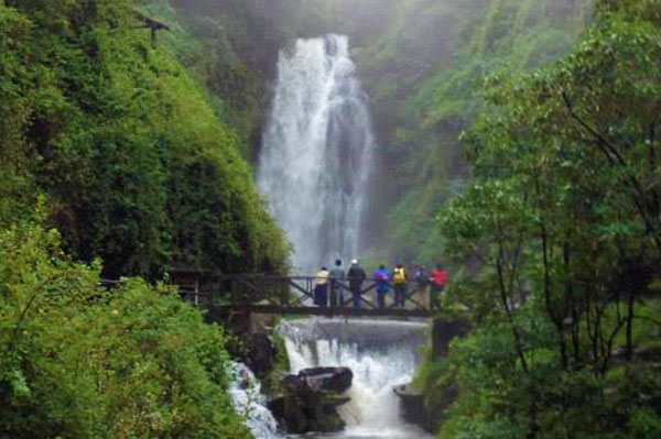 Students on bridge looking at waterfall