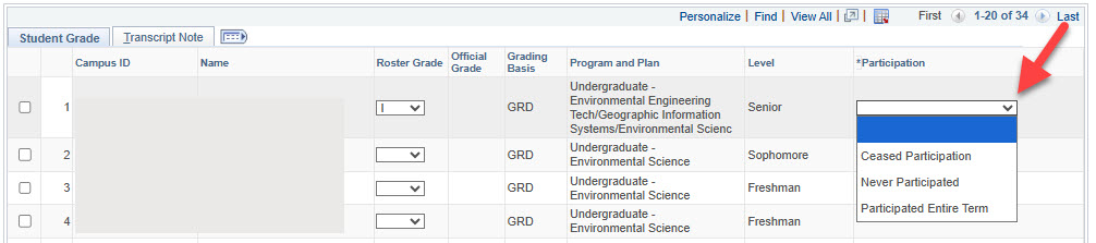 The Participation column iin which a students' participation in your course should be indicated.