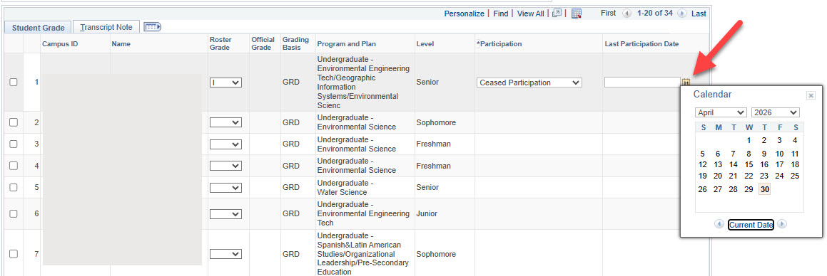 After selecting "Ceased Participation," a prompt requesting the date on which the student last participated will appear.