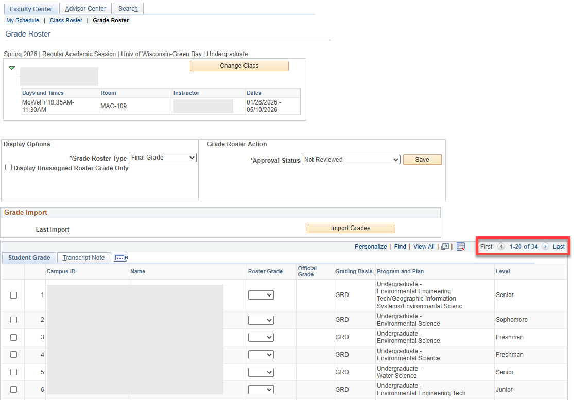 The "pages" at the top of the roster, indicating there are more students than the first 20 shown.