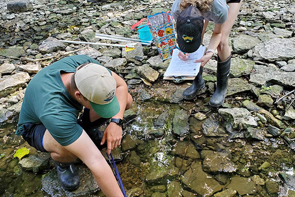 Students collecting data in shallow water