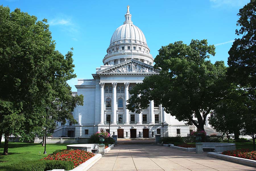 Wisconsin State Capitol building on a blue sky day