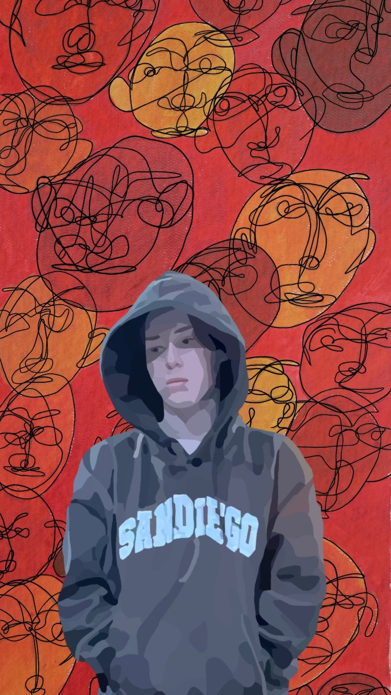 Painting of a young person in a San Diego gray hoodie against a colorful red and yellow background.